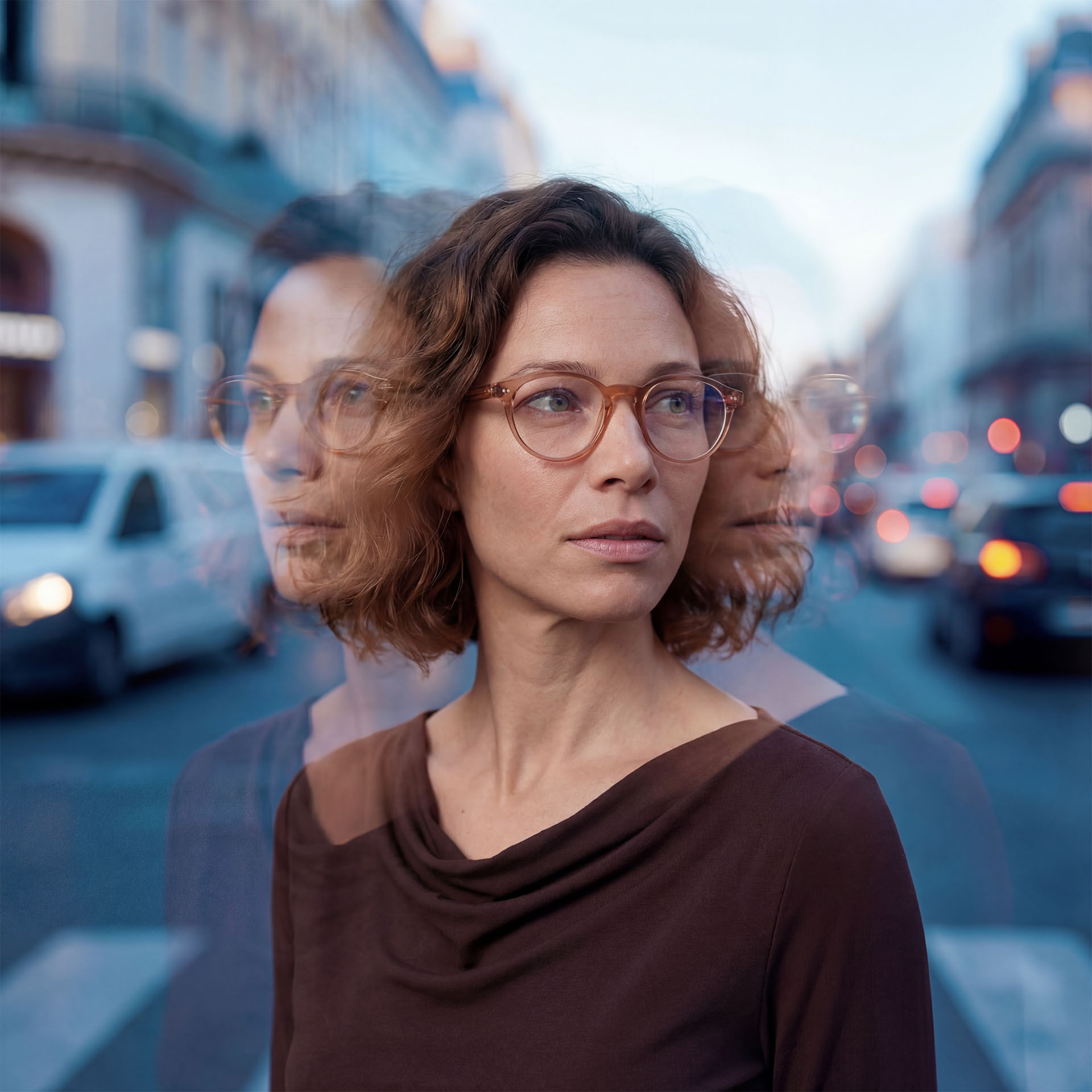 A person wearing conventional eyeglasses on a busy street with multi-exposure effects. 