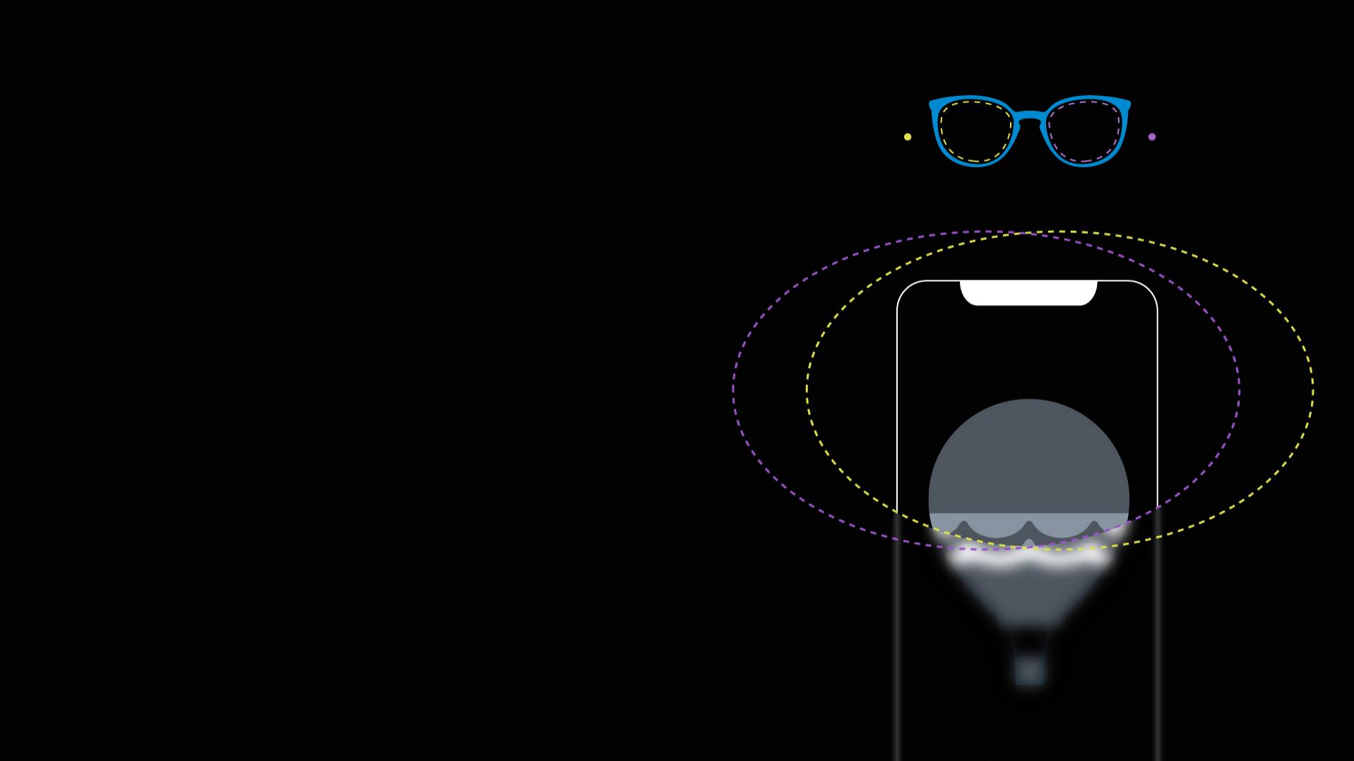An illustration of a smartphone in which the viewing areas of the left and right eye are represented by dashed lines and clearly overlap.