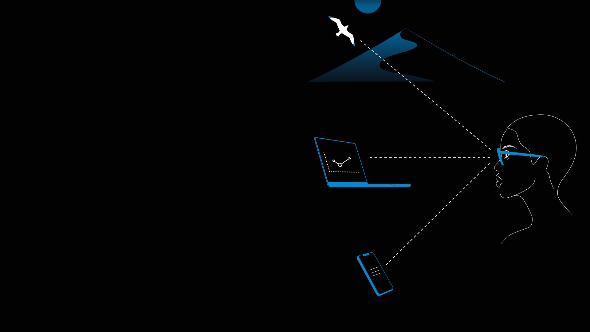 An illustration of a women wearing glasses and illustrations on a phone, laptop, and landscape demonstrating the three distance zones supported by progressive lenses.