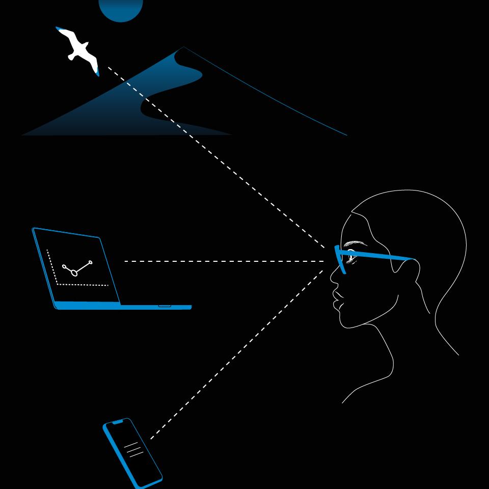 An illustration of a women wearing glasses and illustrations on a phone, laptop, and landscape demonstrating the three distance zones supported by progressive lenses.