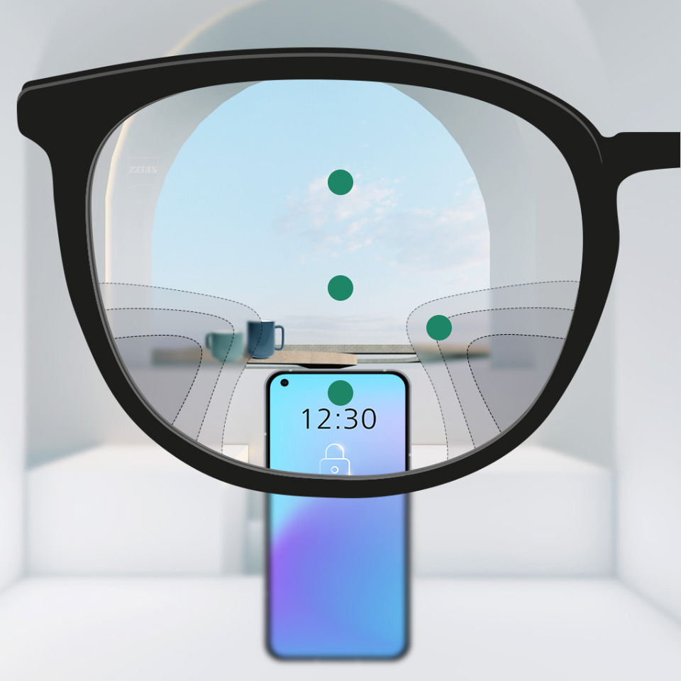 An illustrative point of view image of eyeglass lenses with hybrid lens design showing a wide field of vision at near, intermediate, and far distances, and smooth transitions between the blur zones.