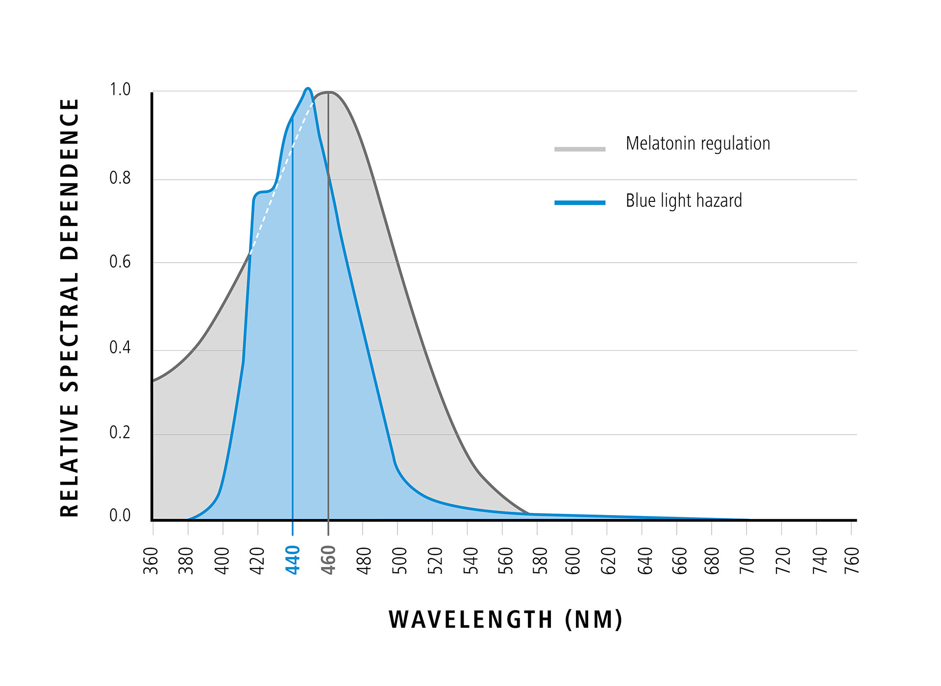 Diagram showing wavelength of blue light in relation to relative spectral dependence (positive effects of blue light) 