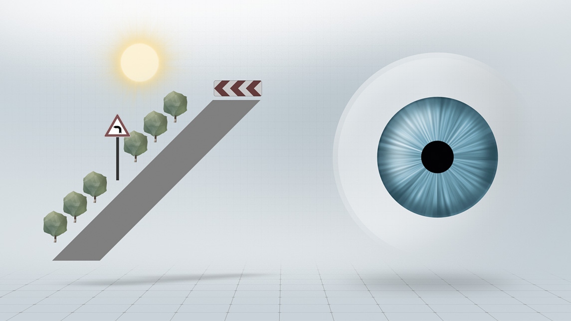 Bright light = photopic vision with small pupil: Large depth of focus, relaxed space perception